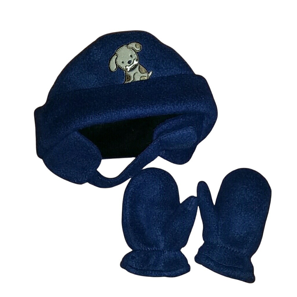 Carters Baby Boy Navy Fleece Adorable Dog Flap Hat‎ and Mittens Size 6-12M